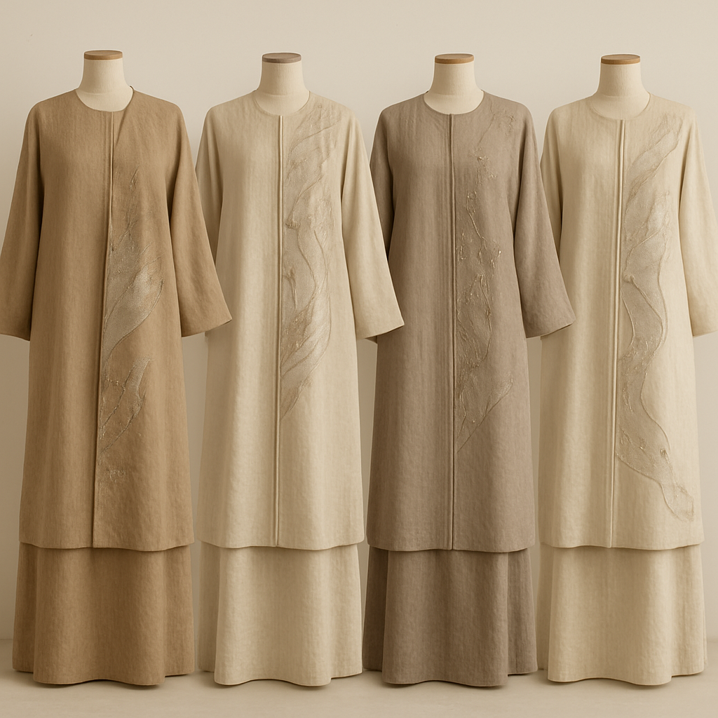 Create a modest two-piece linen abaya, the first of its kind, featuring a unique stone design that exudes a classy and sophisticated vibe. I’d like four designs, each showcasing different styles and fabrics. Incorporate high-end, unique chic stone designs to make them truly special. Add little sophisticated stone designs.

Create a modest two-piece linen abaya, the first of its kind, featuring a unique stone design that exudes a classy and sophisticated vibe. I’d like four designs, each showcasing different styles and fabrics. Incorporate high-end, unique chic stone designs to make them truly special. Add little sophisticated stone designs.