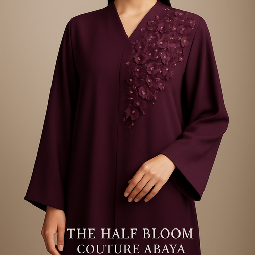 The Half-Bloom Couture Abaya
Tone: Wine / Plum Design: One side of the chest beautifully covered with half-blooming flowers and micro stones. 
