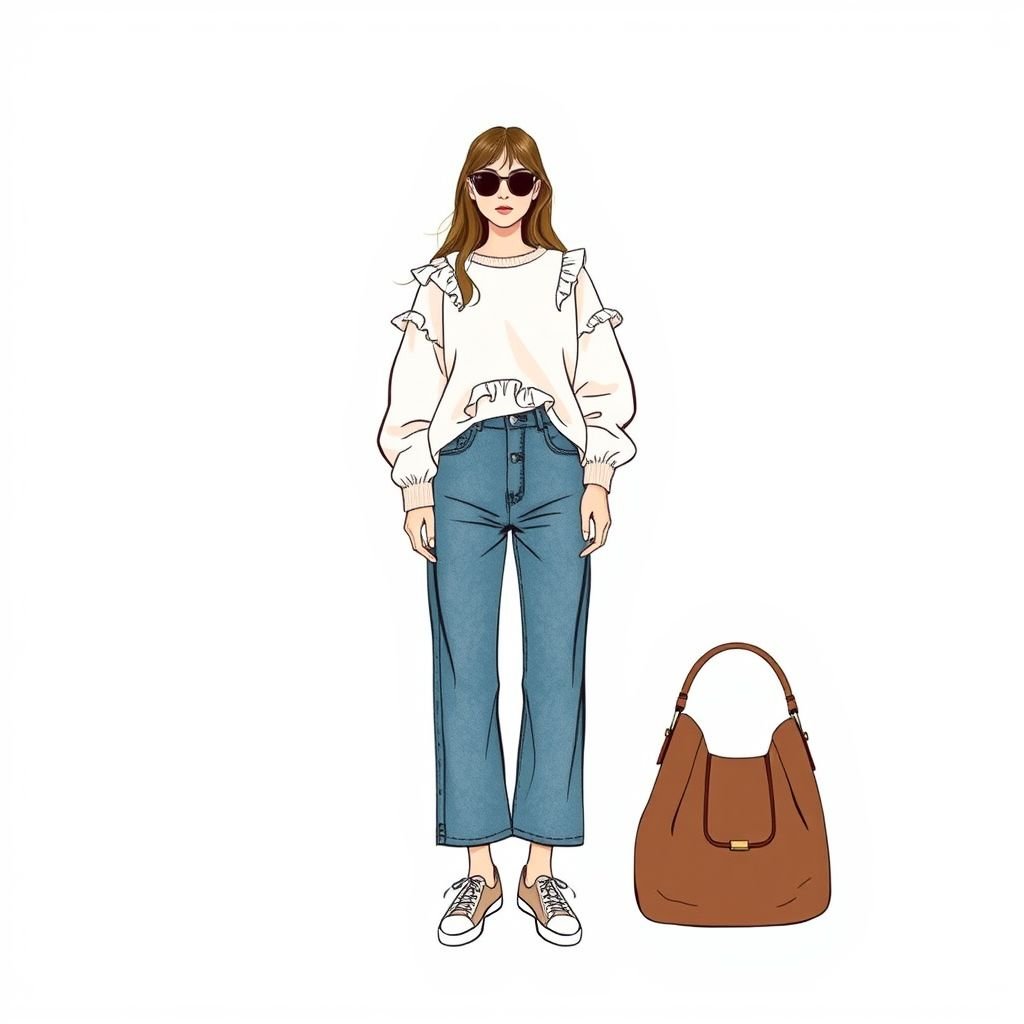Chic, girly, stylish, luxurious
Design a casual yet chic outfit blending girly elegance with relaxed luxury. Imagine a soft, pastel-hued oversized sweater adorned with delicate ruffles, paired with high-waisted, loose-fit denim jeans. Accessorize with trendy slip-on sneakers and a slouchy crossbody bag, creating a stylish yet effortless look perfect for brunch with friends.