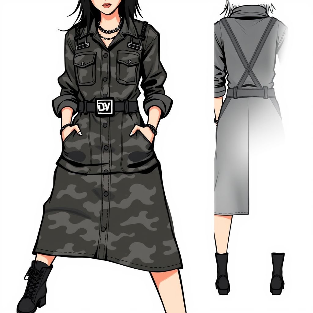 Camouflage overall dress with pockets, midi length. Put “DV” on the belt
Design a chic, midi-length camouflage overall dress in a sleek, streetwear style, featuring oversized pockets for practicality. Incorporate edgy elements like bold stitching and an urban-inspired silhouette. Highlight the "DV" logo emblazoned on a statement belt, adding a touch of individuality, making it both functional and fashionably rebellious.