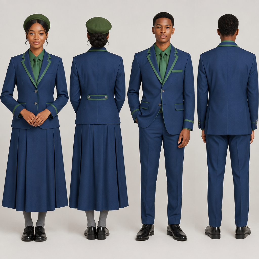 photorealistic fashion design, photorealistic fashion design, photorealistic fashion design, photorealistic fashion design, photorealistic fashion design, photorealistic fashion design, photorealistic fashion design, photorealistic fashion design, photorealistic fashion design, Design a light brown blazer with green accents for both male and female. Light brown arms .No writings on the blazer . Use black teenagers as models. show back and front face.
A fit and flare dress top half green and bottom half light brown,covering chest area,almost reaching ankles. Green barrett, light brown tie and grey socks for the female.
A light brown relaxed trouser reaching ankles. Green shirt,light brown tie and grey socks for the male.
Nice black school shoes for both. Both must be wearing blazer.. Design with modest coverage. Present it as professional fashion catalogue photography: the garment is the subject, shown full-length with editorial styling, neutral posing and tasteful, non-suggestive framing., just the design no text, show front and back. Refinement: bit more accents , just the design no text. Refinement: not on the dress , just the design no text. Refinement: no green accents on bottom half of dress
Use previous brown, just the design no text. Refinement: LIGHT BROWN , just the design no text. Refinement: Change green for blue , just the design no text. Refinement: switch blue to main and light brown for accents and barrett and shirts, just the design no text. Refinement: bottom half of dress blue
trouser blue, just the design no text. Refinement: Use previous blue , just the design no text. Refinement: switch out light brown for green
photorealistic fashion design, photorealistic fashion design, photorealistic fashion design, photorealistic fashion design, photorealistic fashion design, photorealistic fashion design, photorealistic fashion design, photorealistic fashion design, photorealistic fashion design, photorealistic fashion design, Design a light brown blazer with green accents for both male and female. Light brown arms .No writings on the blazer . Use black teenagers as models. show back and front face.
A fit and flare dress top half green and bottom half light brown,covering chest area,almost reaching ankles. Green barrett, light brown tie and grey socks for the female.
A light brown relaxed trouser reaching ankles. Green shirt,light brown tie and grey socks for the male.
Nice black school shoes for both. Both must be wearing blazer.. Design with modest coverage. Present it as professional fashion catalogue photography: the garment is the subject, shown full-length with editorial styling, neutral posing and tasteful, non-suggestive framing., just the design no text, show front and back. Refinement: bit more accents , just the design no text. Refinement: not on the dress , just the design no text. Refinement: no green accents on bottom half of dress
Use previous brown, just the design no text. Refinement: LIGHT BROWN , just the design no text. Refinement: Change green for blue , just the design no text. Refinement: switch blue to main and light brown for accents and barrett and shirts, just the design no text. Refinement: bottom half of dress blue
trouser blue, just the design no text. Refinement: Use previous blue , just the design no text. Refinement: switch out light brown for green , just the design no text