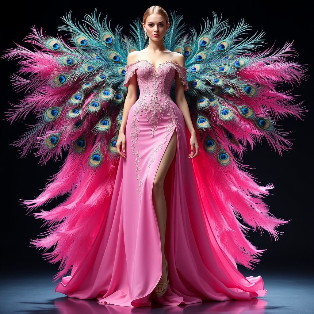 A fancy pink feathered peacock dress that gives runway
Envision an exquisite gown that embodies elegance—a floor-length, fancy pink dress adorned with cascading peacock feathers that shimmer with iridescent hues. The structured bodice features off-shoulder sleeves, while delicate embroidery adds intricate detail. A sweeping train and high slit create an ethereal silhouette, perfect for a glamorous runway showcase.