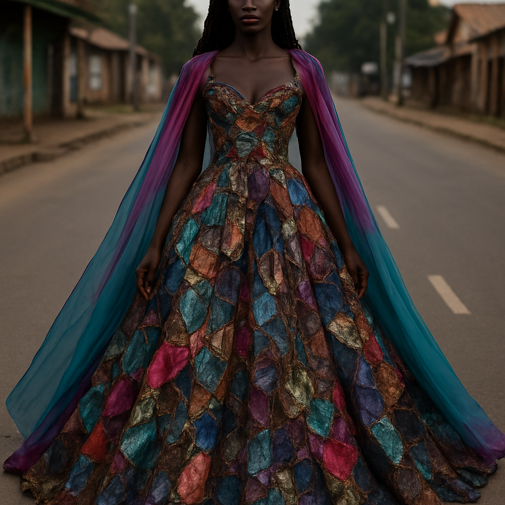 I want to Create one of kind colorful gown made from scrap fabric with iridescent touches and design with a colorful two tone chiffon for high end fashionista that will give it a sophisticated and gorgeous look on a real human dark skin modeling it on the roadside of a street in Africa.

I want to Create one of kind colorful gown made from scrap fabric with iridescent touches and design with a colorful two tone chiffon for high end fashionista that will give it a sophisticated and gorgeous look on a real human dark skin modeling it on the roadside of a street in Africa., gothic style