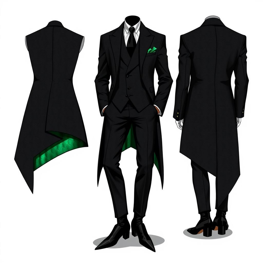 A black and green asymmetrical men’s suit
Design a striking black and green asymmetrical men's suit featuring a tailored waistcoat with oversized lapels and a single long sleeve jacket that cascades to one side. Incorporate textured materials such as brocade for depth and a shimmering emerald lining. Complete the look with sleek, pointed-toe boots and an avant-garde pocket square.
