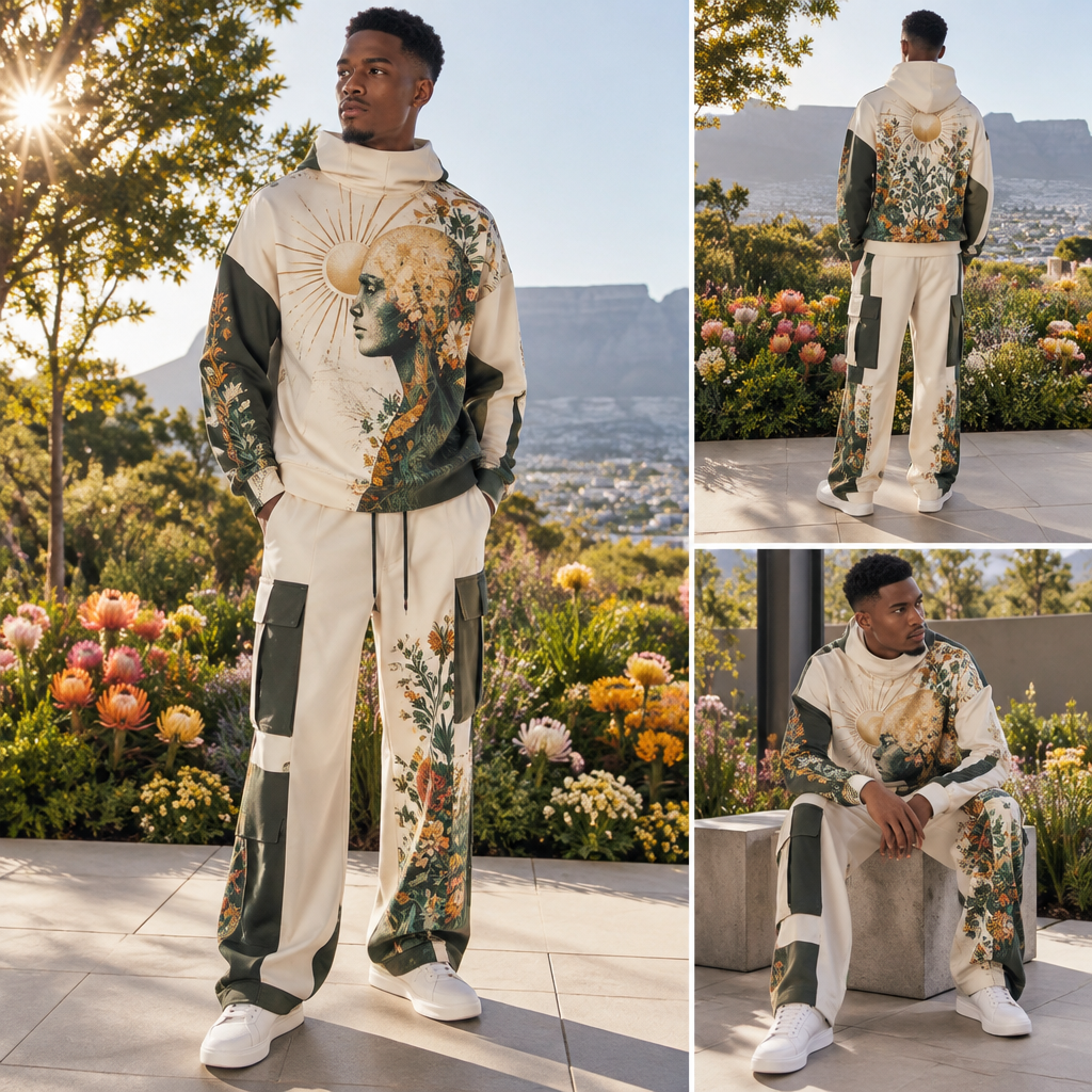A Male Dress design, with modest, full coverage: longer hemlines, higher necklines and covered shoulders, suitable for Spring, in Streetwear style. make it latest drip with a motivation of cleanliness is next to godliness and enery is contatious while sun rays hit a mind in garden of beautiful flowers in the world. South Africa fashion aesthetics. Present it as professional fashion catalogue photography: the garment is the subject, shown full-length with editorial styling, neutral posing and tasteful, non-suggestive framing.
photorealistic fashion design, A Male Dress design, with modest, full coverage: longer hemlines, higher necklines and covered shoulders, suitable for Spring, in Streetwear style. make it latest drip with a motivation of cleanliness is next to godliness and enery is contatious while sun rays hit a mind in garden of beautiful flowers in the world. South Africa fashion aesthetics. Present it as professional fashion catalogue photography: the garment is the subject, shown full-length with editorial styling, neutral posing and tasteful, non-suggestive framing., streetwear style, just the design no text
