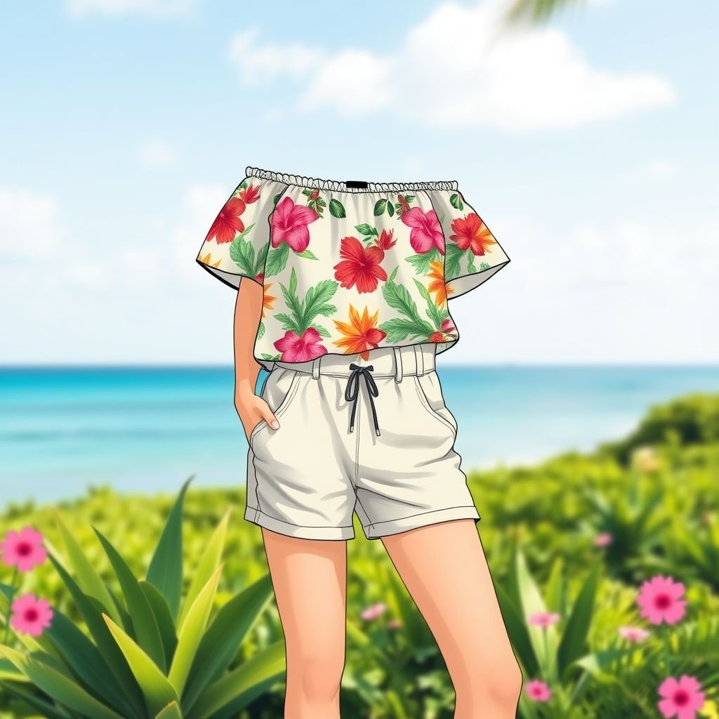 top resort and bottom front and back style Zimmerman
Design a casual resort outfit featuring a flowy, off-the-shoulder top adorned with vibrant tropical prints, perfect for sunny getaways. Pair it with high-waisted, relaxed-fit shorts that have a playful front pocket detail and a tailored back for comfort and style. Emphasize lightweight fabrics and easygoing silhouettes for effortless chic.