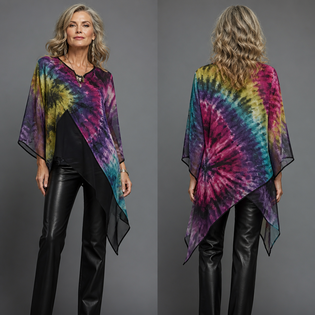 I want to create a fashionable colorful cotton tie and dye fabric and I want to mixed it with any color of chiffon fabric that can go on a black leather pant for women age 50 to 55, that will be good a party.
photorealistic fashion design, I want to create a fashionable colorful cotton tie and dye fabric and I want to mixed it with any color of chiffon fabric that can go on a black leather pant for women age 50 to 55, that will be good a party., glamorous style, just the design no text, show front and back