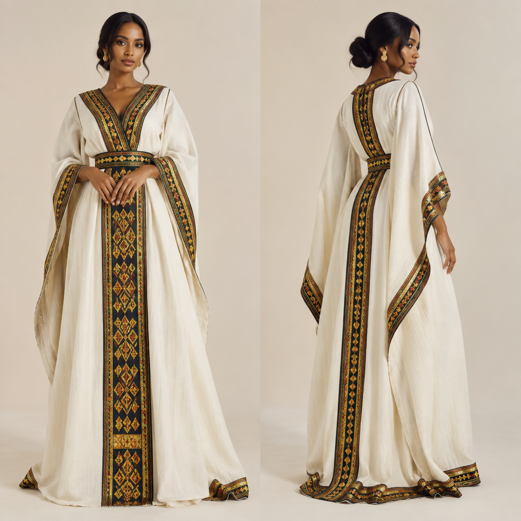 i want elegant MC Outfit. Ethiopia fashion aesthetics. Present it as professional fashion catalogue photography: the garment is the subject, shown full-length with editorial styling, neutral posing and tasteful, non-suggestive framing.
photorealistic fashion design, i want elegant MC Outfit. Ethiopia fashion aesthetics. Present it as professional fashion catalogue photography: the garment is the subject, shown full-length with editorial styling, neutral posing and tasteful, non-suggestive framing., just the design no text