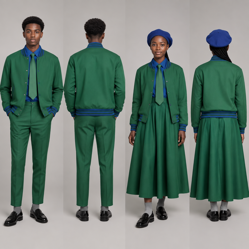 photorealistic fashion design, photorealistic fashion design, photorealistic fashion design, photorealistic fashion design, A Male Top design, with modest, full coverage: longer hemlines, higher necklines and covered shoulders, suitable for Spring. Design a green baseball jacket with blue accents. Green arms. For male and female. Use black teenagers as models
A fit flare dress top half blue and bottom half green, covering chest area completely, almost reaching ankles. Blue barrett, green tie and grey socks for the female.
A green relaxed trouser, reaching ankles. A blue shirt, green tie and grey socks for the male.
Nice black school shoes for both. Both must be wearing baseball jacket. Use shamrock green. Use cobalt blue Present it as professional fashion catalogue photography: the garment is the subject, shown full-length with editorial styling, neutral posing and tasteful, non-suggestive framing., just the design no text, show front and back. Refinement: Use normal green , just the design no text. Refinement: normal blue and green , just the design no text. Refinement: green baseball jacket , just the design no text. Refinement: no white or any other color
normal blue for accents and shirt
GREEN tie for both
photorealistic fashion design, photorealistic fashion design, photorealistic fashion design, photorealistic fashion design, photorealistic fashion design, A Male Top design, with modest, full coverage: longer hemlines, higher necklines and covered shoulders, suitable for Spring. Design a green baseball jacket with blue accents. Green arms. For male and female. Use black teenagers as models
A fit flare dress top half blue and bottom half green, covering chest area completely, almost reaching ankles. Blue barrett, green tie and grey socks for the female.
A green relaxed trouser, reaching ankles. A blue shirt, green tie and grey socks for the male.
Nice black school shoes for both. Both must be wearing baseball jacket. Use shamrock green. Use cobalt blue Present it as professional fashion catalogue photography: the garment is the subject, shown full-length with editorial styling, neutral posing and tasteful, non-suggestive framing., just the design no text, show front and back. Refinement: Use normal green , just the design no text. Refinement: normal blue and green , just the design no text. Refinement: green baseball jacket , just the design no text. Refinement: no white or any other color
normal blue for accents and shirt
GREEN tie for both, just the design no text