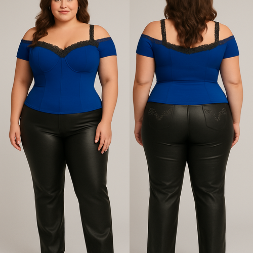 off shoulder blouse royal blue make it more form fitting in the waist with a bra type breast outline in darker blue stitching and lace. with black lace straps. for plus size women. pair it with some leather black pants that are straight leg. with some rhinestones on the back pockets. then add cowboy boots that are black with silver diamond rhinestones 