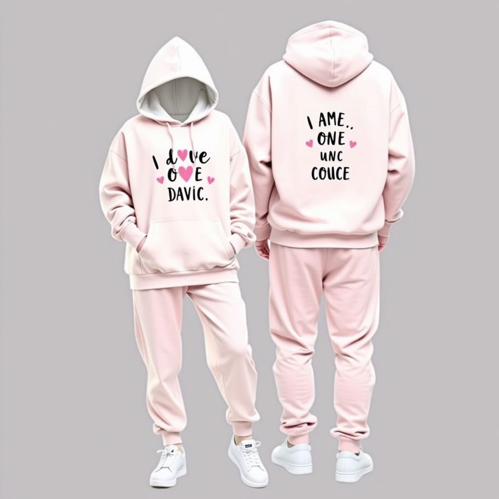 Couples sweatsuit
Design a cozy couples sweatsuit featuring matching, oversized hoodies adorned with playful graphics and soft, pastel colors. The bottoms should be relaxed-fit joggers, complete with elastic cuffs and pockets for functionality. Incorporate unique elements like custom embroidery or clever slogans that celebrate togetherness, ensuring comfort while exuding effortless casual style.