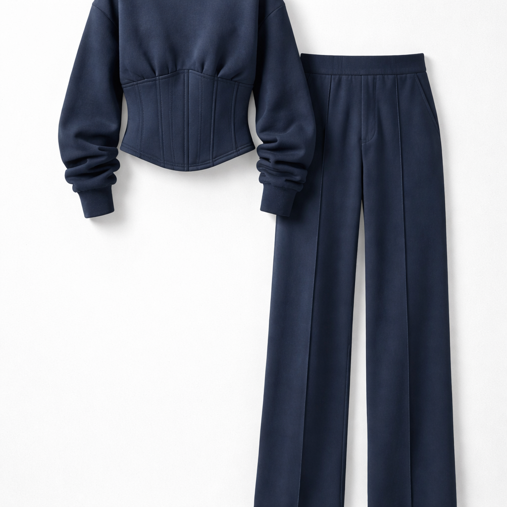 “Design a navy blue sweatshirt and matching pants set made from a lightweight, spring-appropriate sweatshirt fabric. The material should feel soft, breathable, and slightly structured, maintaining the classic sweatshirt look while being suitable for warmer weather.
The sweatshirt features a built-in corset silhouette integrated into the design, without a zipper, using flexible and comfortable construction. Subtle raised seam lines in the same navy color define the corset shape and add a modern, clean detail while keeping the overall sweatshirt aesthetic.
The matching pants are wide-leg, made from the same fabric, with no elastic at the hems for a clean and elevated look. The pants include the same raised seam detailing, creating a cohesive, chic, and well-finished set. The overall design is minimal, stylish, and refined, suitable for a classy, modern audience while remaining true to a premium athleisure sweatshirt style.”
Design a navy blue sweatshirt and matching wide-leg pants set. Lightweight cotton sweatshirt fabric. Sweatshirt: relaxed fit, built-in corset silhouette with subtle raised seams. Pants: wide-leg, straight cut, no elastic, raised seams. The set is minimal, stylish, and refined athleisure.