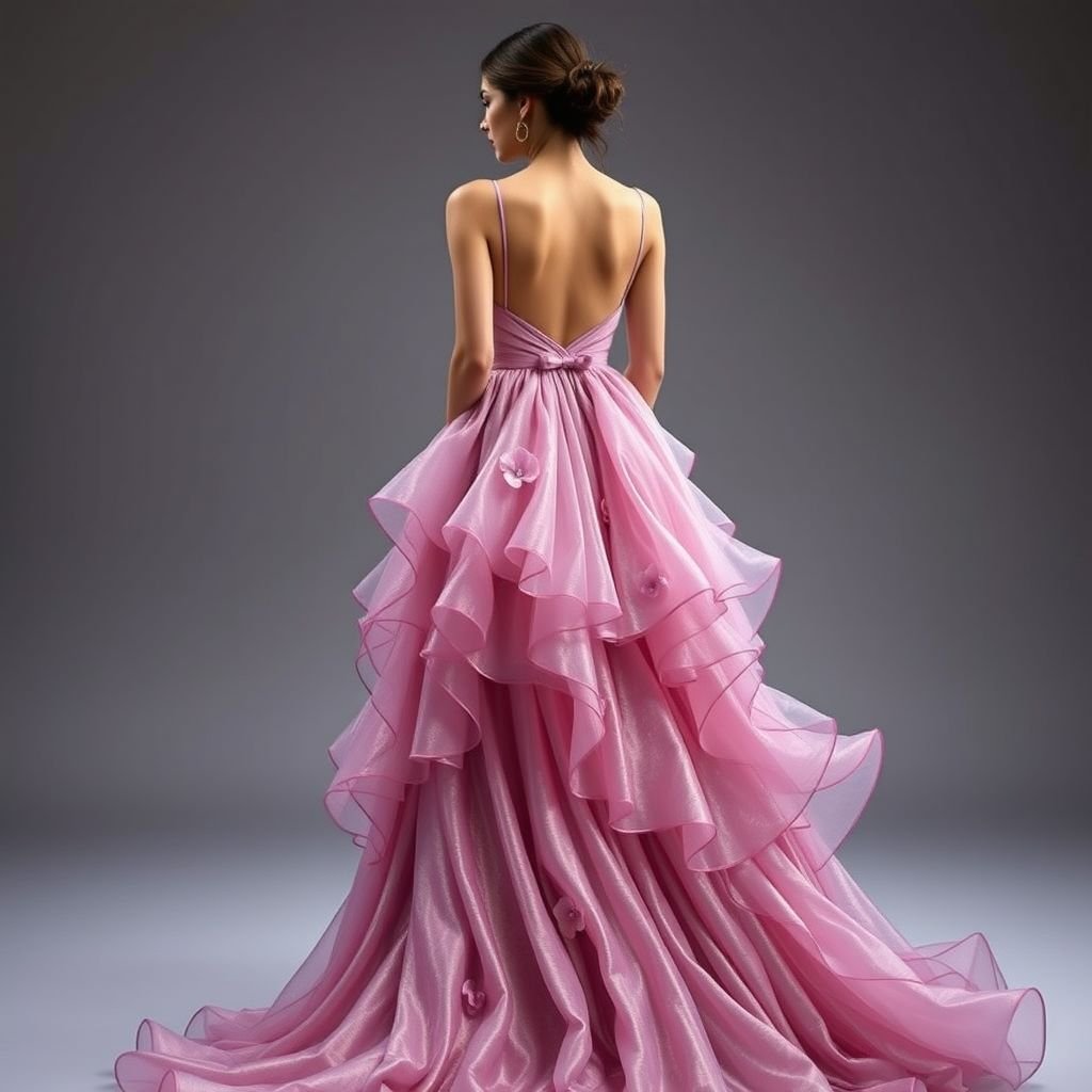 Style & Fit: The dress is a sleek, form-fitting evening gown that hugs the body and emphasizes the natural curves. It has a plunging V-neckline that adds a bold, sultry element to the design. The dress appears to be sleeveless with a halter-style top, baring the shoulders and arms and fastening behind the neck. Fabric & Texture: The material looks like satin or silk, giving it a smooth, shiny and reflective finish that catches the light beautifully. The fabric has a slight sheen, enhancing the dress’s elegant and luxurious feel. Color: It’s a soft, pastel lilac or blush lavender—a feminine and romantic shade that complements the glossy texture well. Length: The dress appears to be floor-length or slightly above the ankles, giving it a formal and glamorous silhouette. It drapes down smoothly from the hips with no visible slit, suggesting a more classic mermaid or column silhouette. Overall Impression: This is a sophisticated, statement dress perfect for formal events like a prom, wedding, or evening gala. It blends sensuality with elegance, especially due to its silhouette, luxurious fabric, and bold neckline.
Style & Fit: This exquisite gown features an hourglass silhouette that sculpts the physique, showcasing femininity with a daring low back. Delicate spaghetti straps provide support while adding a playful touch, enhancing the seduction.
Fabric & Texture: Crafted from opulent silk chiffon, the dress boasts layered ruffles cascading from the waist, creating movement with every step.
Color: A dreamy, iridescent blush lavender infused with subtle metallic threads captures the light, shimmering like twilight skies.
Length: Floor-trailing and ethereal, the gown evokes graceful elegance, adorned with strategically placed floral appliqués to enhance its ethereal allure. Overall Impression: This enchanting evening gown transcends trends, embodying a romantic, fairytale charm that is perfect for unforgettable occasions.