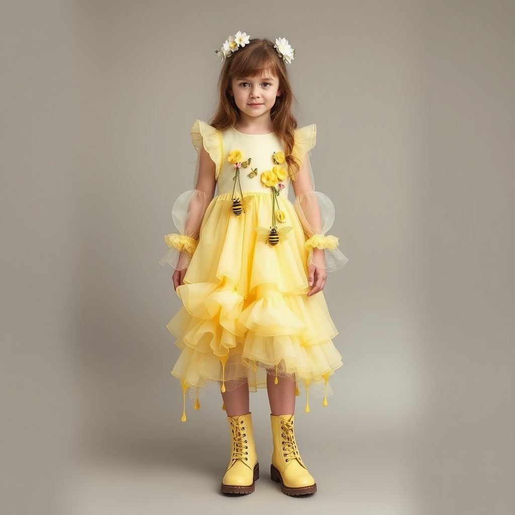A honey bee & honey comb themed spring day dress.
Design a whimsical fairy_kei spring day dress inspired by honey bees and honeycomb. Incorporate pastel yellow and soft honey hues with ruffled layers resembling honeycomb shapes. Add oversized, playful bee appliqués and delicate organza sleeves adorned with tiny flowers. Complete the look with sweet, knee-high, lace-up pastel boots adorned with honey drips.