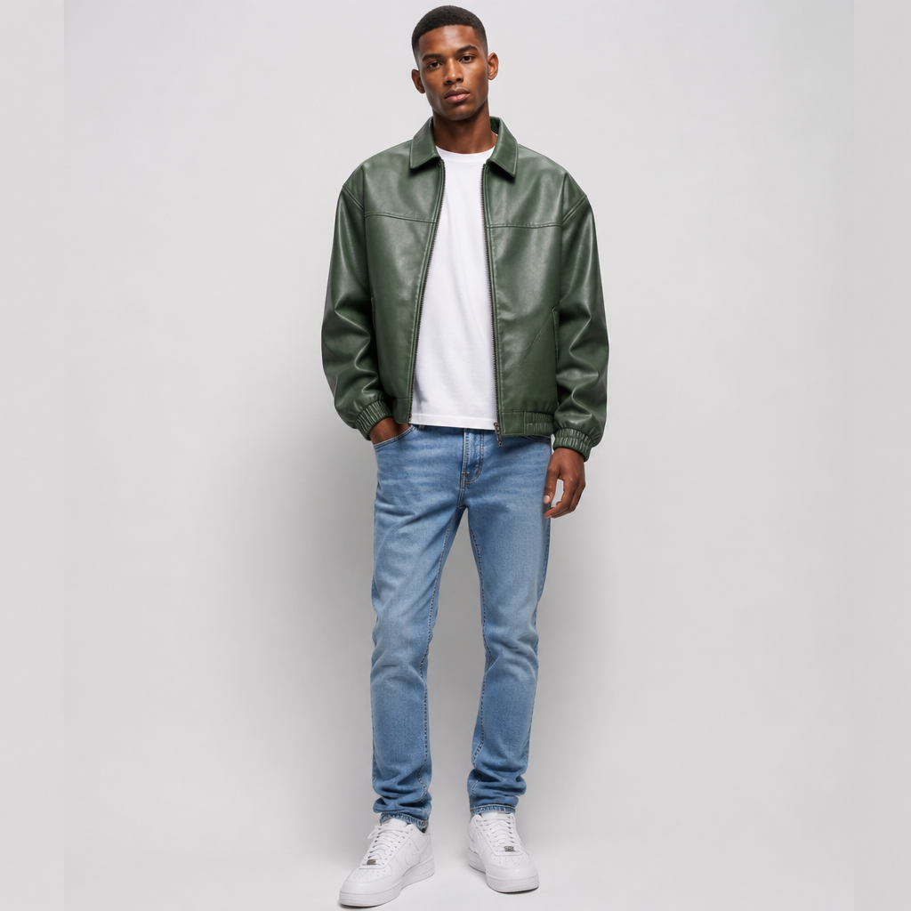 white T shirt
green Louis Vito leather jacket
jeans
air force 1. South Africa fashion aesthetics. Present it as professional fashion catalogue photography: the garment is the subject, shown full-length with editorial styling, neutral posing and tasteful, non-suggestive framing.
photorealistic fashion design, white T shirt
green Louis Vito leather jacket
jeans
air force 1. South Africa fashion aesthetics. Present it as professional fashion catalogue photography: the garment is the subject, shown full-length with editorial styling, neutral posing and tasteful, non-suggestive framing., just the design no text