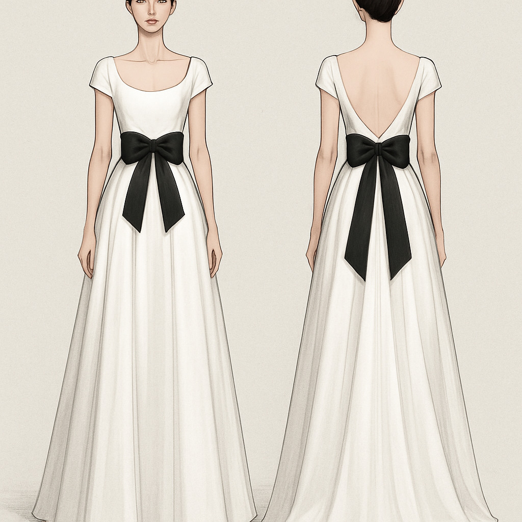 Long white dress with black bow
Long white dress with black bow
, show front and back