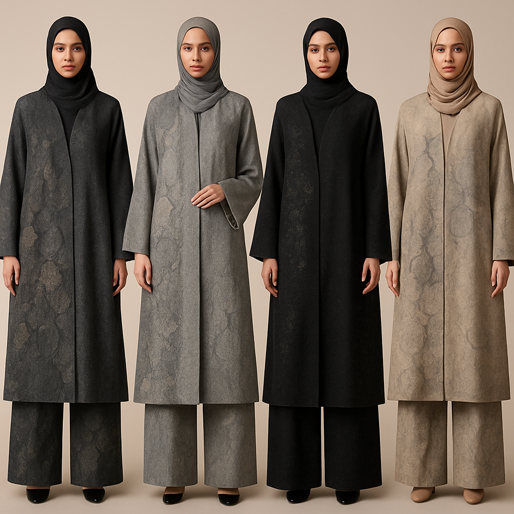 Create a modest abaya and loose pant, first of its kind, featuring a unique stone design that exudes a classy and sophisticated vibe. I'd like four designs, each showcasing different styles and fabrics. Incorporate high-end, unique chic stone designs to make them truly special. Add little sophisticated stone designs. Make it irresistible!
Create a modest abaya and loose pant, first of its kind, featuring a unique stone design that exudes a classy and sophisticated vibe. I'd like four designs, each showcasing different styles and fabrics. Incorporate high-end, unique chic stone designs to make them truly special. Add little sophisticated stone designs. Make it irresistible!