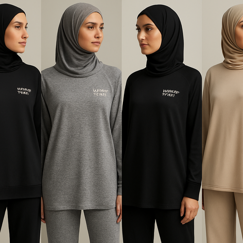 Create a revolutionary women’s modest loose gym wear brand called “Modest Fleur”. Display the brand name on the  in a unique design on the upper right side, in small thick writing that exudes a classy and sophisticated vibe. I’d like four designs, each showcasing different styles and fabrics, with high-end, chic designs to make them truly special.