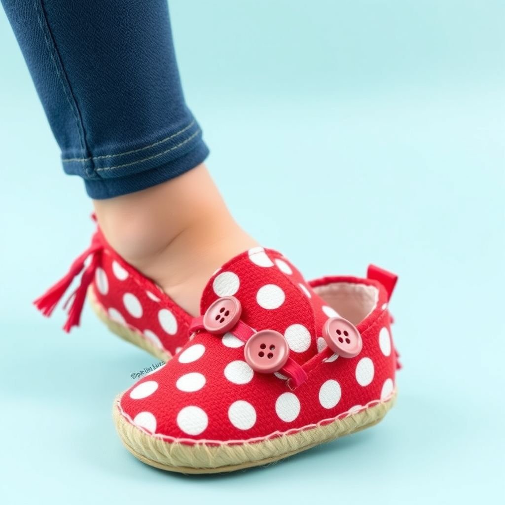 Create a toddler loafer red and white jute
Design a whimsical toddler loafer in vibrant red and white jute, featuring playful polka dots and charming oversized buttons. The slip-on style should incorporate eco-friendly materials, with a cushioned insole for comfort. Add a touch of fun with dangling tassels on the sides, evoking a joyful, carefree spirit perfect for tiny explorers.