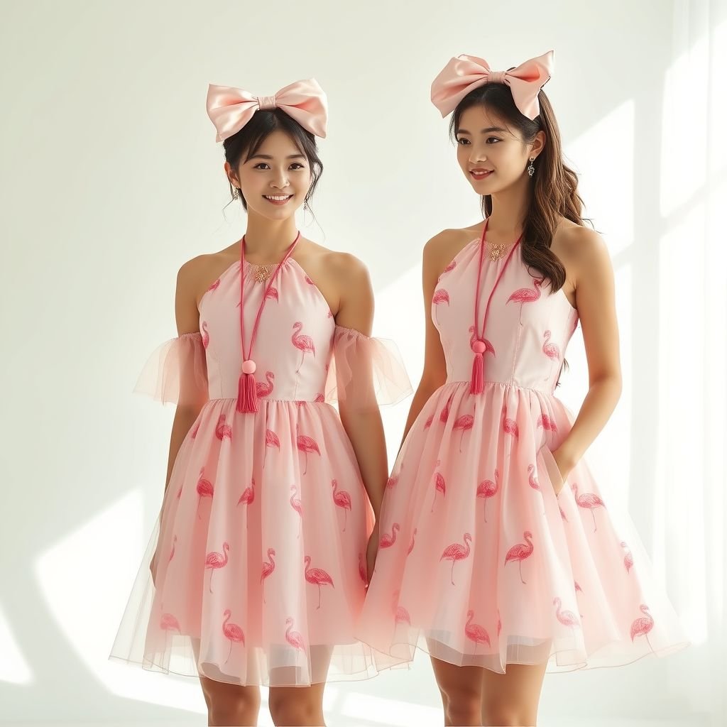 Mother and daughter wearing matching short puffy halter dresses, pastel pink satin fabric with elegant flamingo print. Dresses have flared skirts with multiple layers of soft tulle underneath for volume. Mandarin-inspired collar with tassel pendant. Both wearing matching oversized satin bows on head. Studio photoshoot, soft lighting, high fashion lookbook style.
Design a whimsical mother-daughter duo showcasing matching short, puffy halter dresses in a pastel pink satin adorned with intricate flamingo prints. The flared skirts feature layered soft tulle, radiating joyful volume. Inspired by Mandarin collars, each dress boasts a delicate tassel pendant. Oversized satin bows grace their hair, enhancing the whimsical vibe. Capture this enchanting look in a sunlit studio with ethereal soft lighting, evoking a dreamy high-fashion lookbook ambiance. Perfect for a summer garden party or a playful fashion editorial, this design embodies elegance and familial connection.