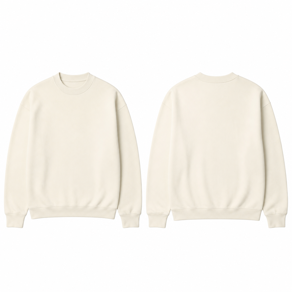 Crewneck that’s a cream white color
photorealistic fashion design, Crewneck that’s a cream white color
, minimalist style, just the design no text, show front and back