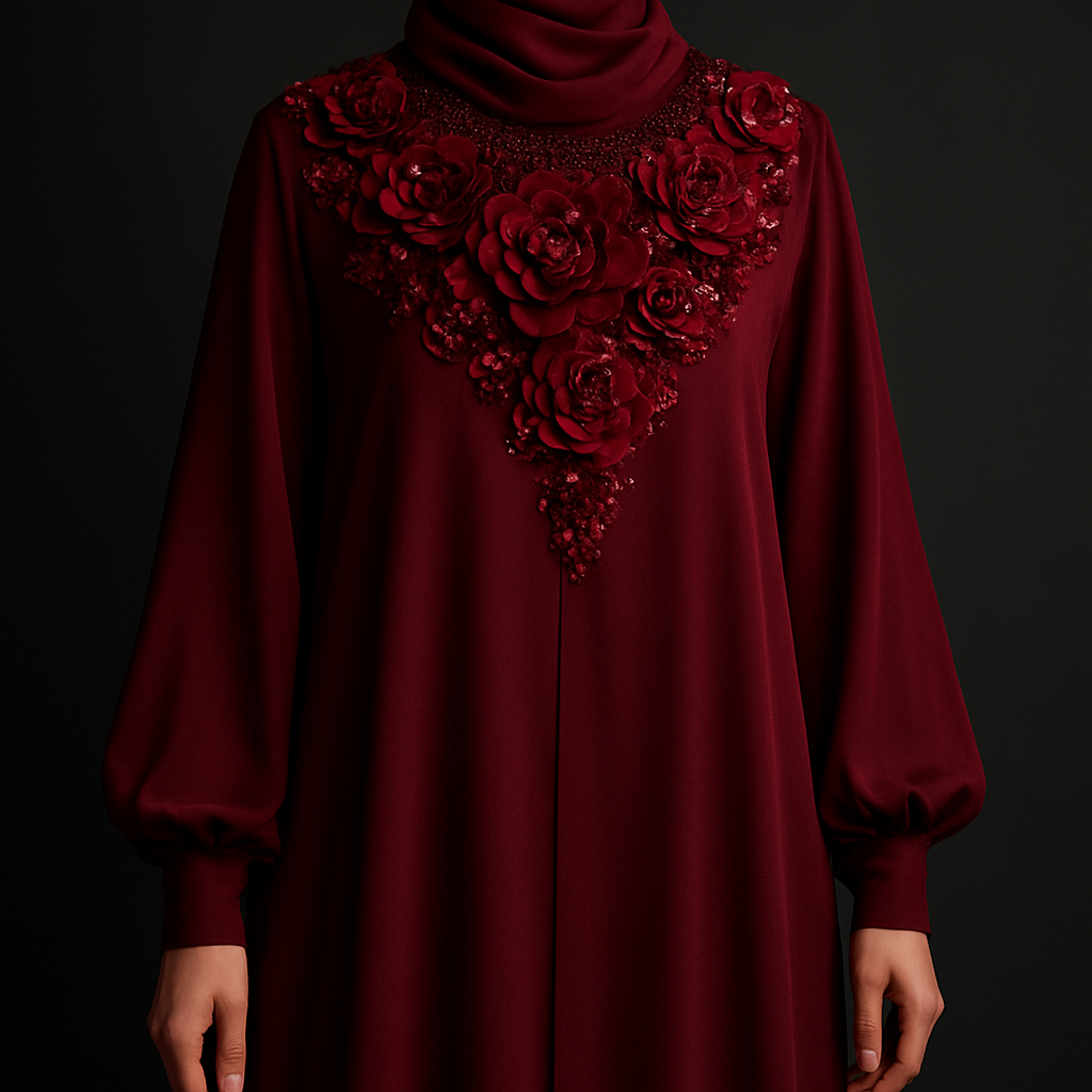 The Ruby Flora Majesty Abaya
Tone: Deep dark ruby
Design:
Large layered 3D ruby florals arranged around the neckline like a luxury necklace.
Embellishment:
Red glass stones and micro-beads giving a regal shine.
Vibe: Soft royalty + deep sensual luxury.

The Ruby Flora Majesty Abaya
Tone: Deep dark ruby
Design:
Large layered 3D ruby florals arranged around the neckline like a luxury necklace.
Embellishment:
Red glass stones and micro-beads giving a regal shine.
Vibe: Soft royalty + deep sensual luxury.