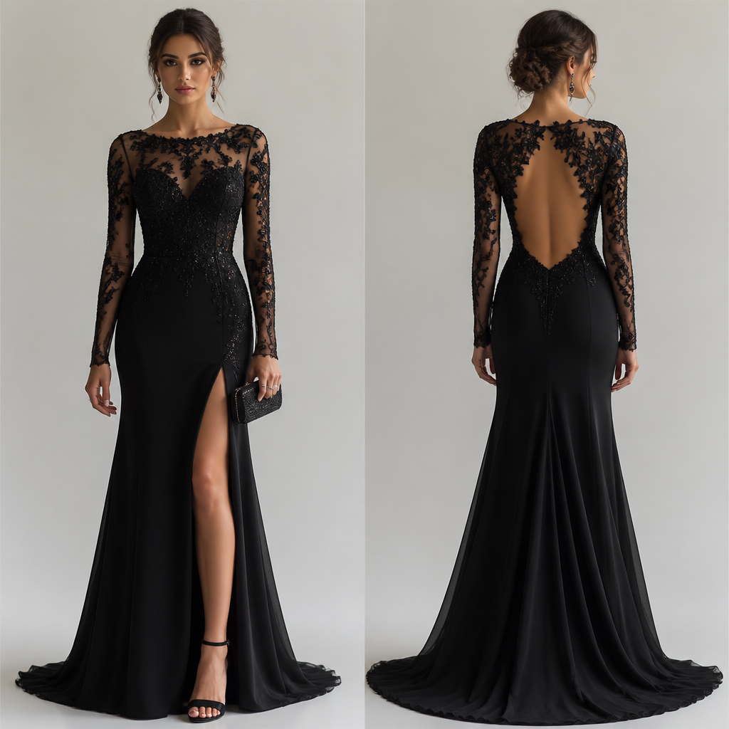 Black prom dress long sleeves with accessories
photorealistic fashion design, Black prom dress long sleeves with accessories, formal style, just the design no text, show front and back