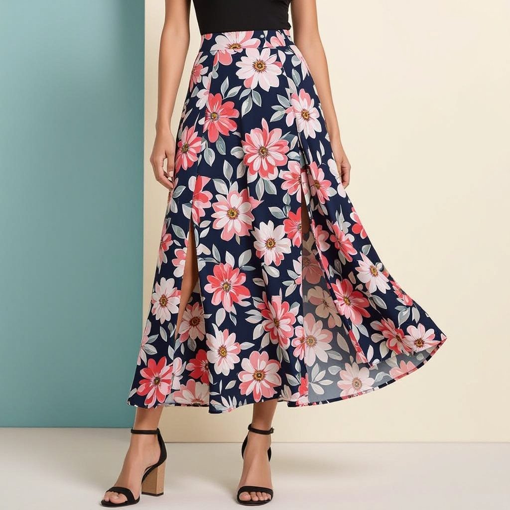 A maxi skirt with pockets on both sides . The base has flowers all round and there is a mid line split up to 2 inches below the knee
A cotton maxi skirt with side pockets and a floral print, featuring a front split extending to just below the knee.
