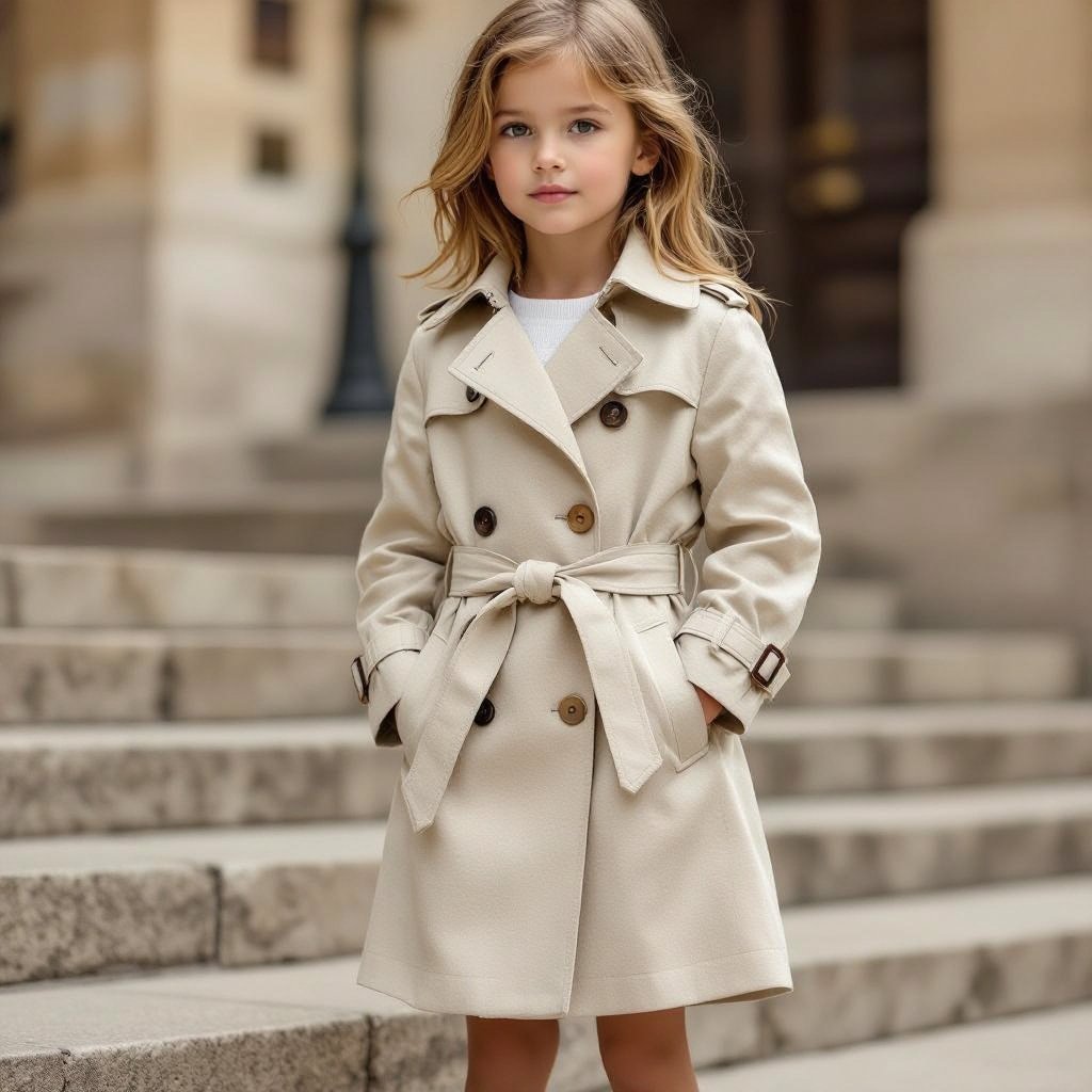 Design a unique and beautiful Zara linen raincoat or trench coat for six-year-old children.
Classic fashion: Design a unique and beautiful Zara linen trench coat for six-year-old children. It has a neat collar, double-breasted front with simple buttons, and a tie belt.