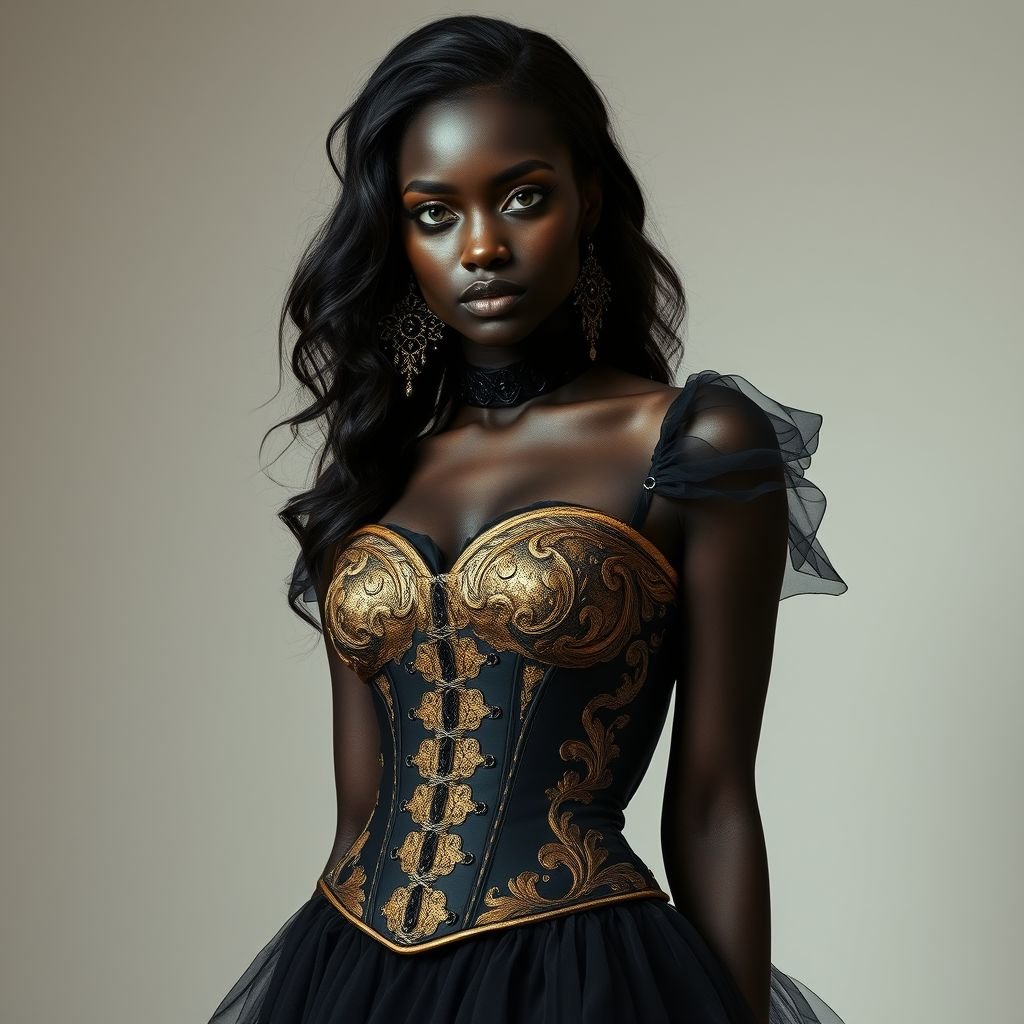 Create a top model body complete girl with black skin and green eyes, with a baroque brocade corset with outstanding golden texture and oversized baroque style earrings, the whole style looks like avant-garde haute couture.
Design an avant-garde gothic ensemble featuring a striking top model with deep black skin and mesmerizing green eyes. Adorn her with a luxurious baroque brocade corset, its intricate golden textures catching the light. Pair this with oversized, ornate earrings that evoke dark romanticism, complemented by flowing layers of rich black tulle and velvet, creating a hauntingly beautiful silhouette.