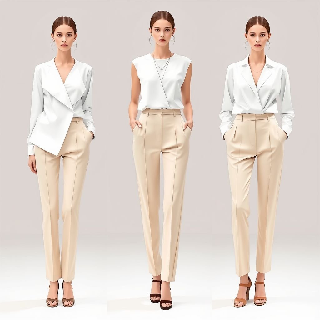 Beauty with brain
Create a minimalist fashion design that embodies "Beauty with Brains." Picture a sleek, tailored white blouse featuring asymmetric lines, paired with high-waisted, straight-leg trousers in soft beige. Accessorize with a simple silver pendant and structured leather sandals. The overall look should communicate sophistication through understated elegance, emphasizing thoughtful simplicity.