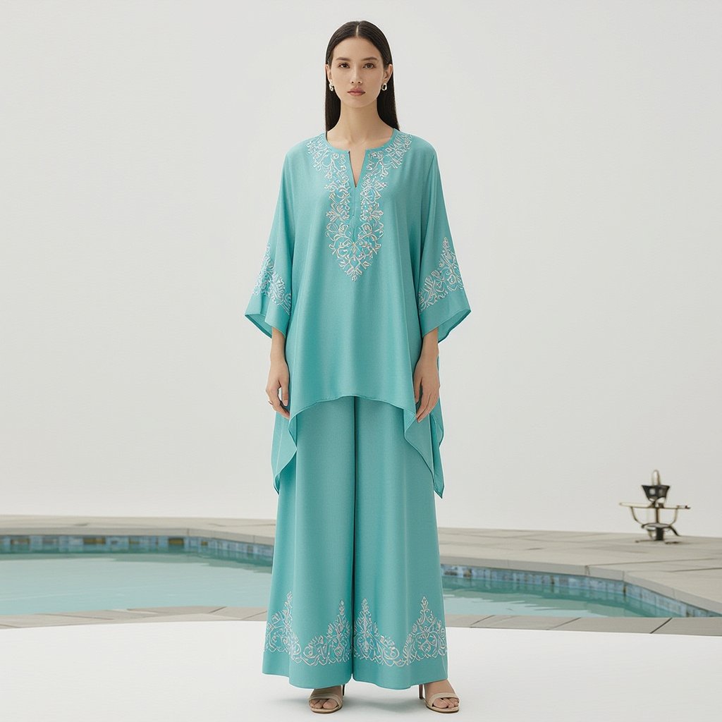 Eastern 2pcs coords set
Silk Eastern 2pcs coords set with a loose-fitting tunic and wide-leg trousers, featuring embroidered details.