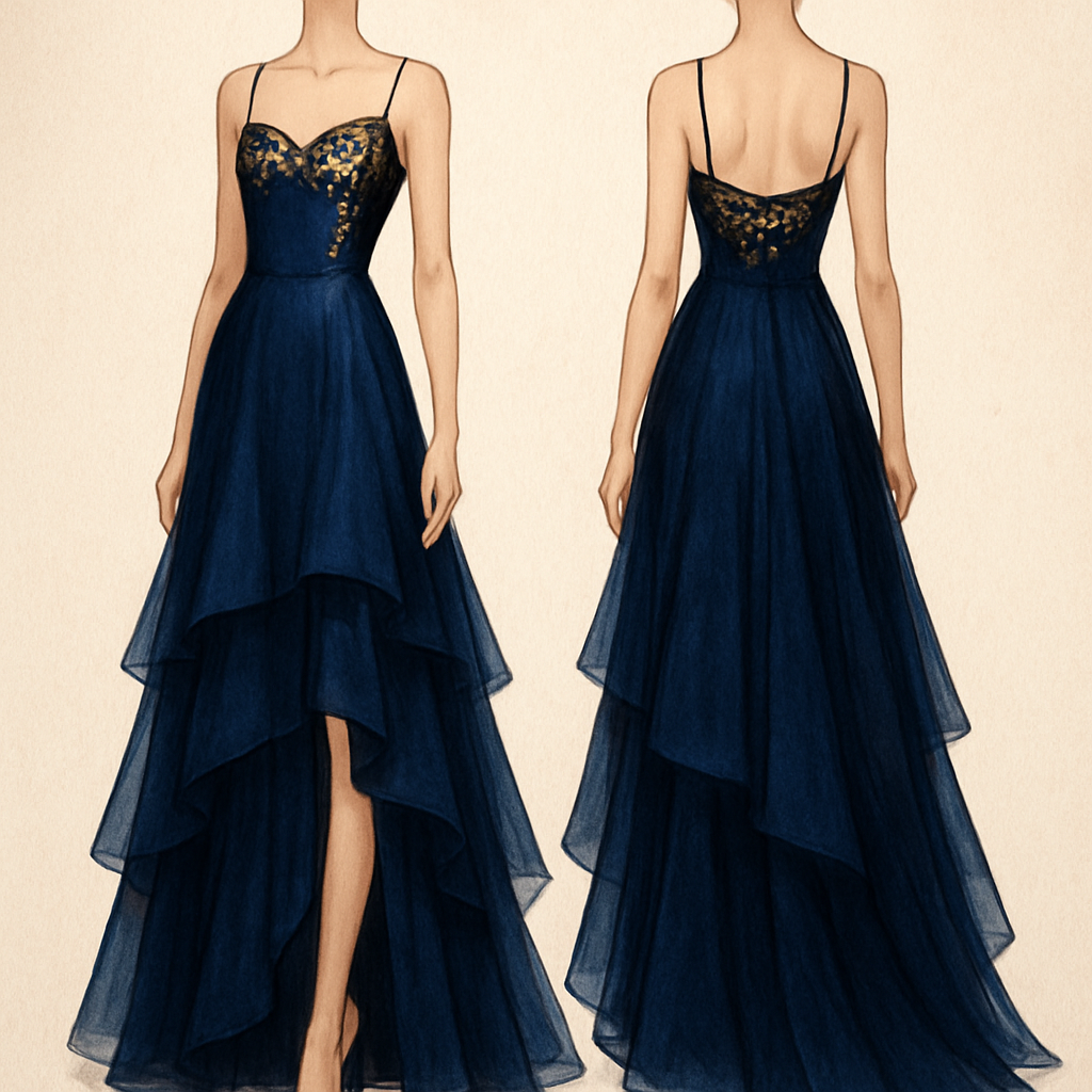 A slim, silk, midnight blue bodice with gold highlights at the top with a flow skirt of three layers with a deeper midnight blue colour that drops from the chest on the front to just below the but on the back with a slit on the front from just above the ankles to the floor



A slim, silk, midnight blue bodice with gold highlights at the top with a flow skirt of three layers with a deeper midnight blue colour that drops from the chest on the front to just below the but on the back with a slit on the front from just above the ankles to the floor

, elegant style, show front and back