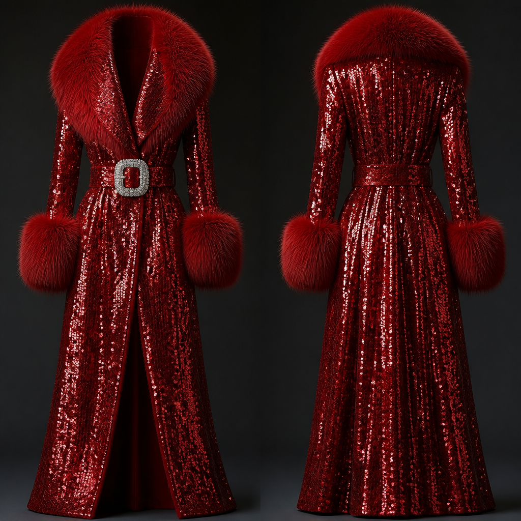 Long sequin coat big fur collar and cuffs big belt with a big diamonds buckle in red
photorealistic fashion design, Long sequin coat big fur collar and cuffs big belt with a big diamonds buckle in red , haute_couture style, just the design no text, show front and back