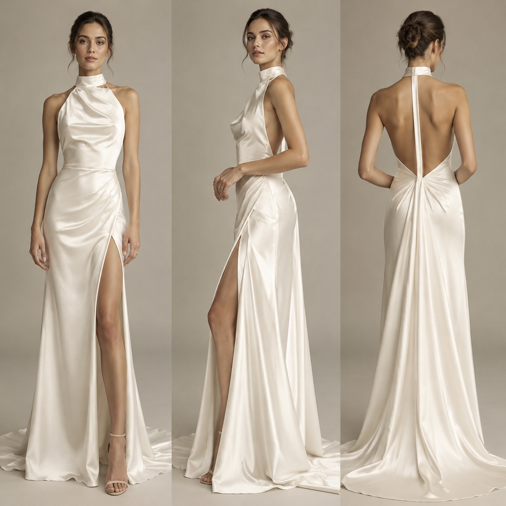 A Female Dress design, suitable for Spring, in Minimalist style. robe de mariage près du corps, col montante , buste tombé, dos nu détaillé. tissus satiné ou en soie raffinée. avec une ffenre qui commence au milieu de la cuisse. longueur jusqu'au sol. MG fashion aesthetics. Present it as professional fashion catalogue photography: the garment is the subject, shown full-length with editorial styling, neutral posing and tasteful, non-suggestive framing.
photorealistic fashion design, A Female Dress design, suitable for Spring, in Minimalist style. robe de mariage près du corps, col montante , buste tombé, dos nu détaillé. tissus satiné ou en soie raffinée. avec une ffenre qui commence au milieu de la cuisse. longueur jusqu'au sol. MG fashion aesthetics. Present it as professional fashion catalogue photography: the garment is the subject, shown full-length with editorial styling, neutral posing and tasteful, non-suggestive framing., minimalist style, just the design no text