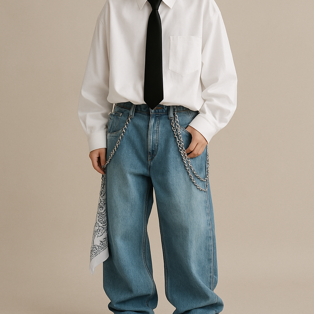 Baggy blue jeans with a oversized white buttoned shirt with a black tie and chains on the pants and a bandanna on the pants and some chain accessories
Baggy blue jeans with a oversized white buttoned shirt with a black tie and chains on the pants and a bandanna on the pants and some chain accessories