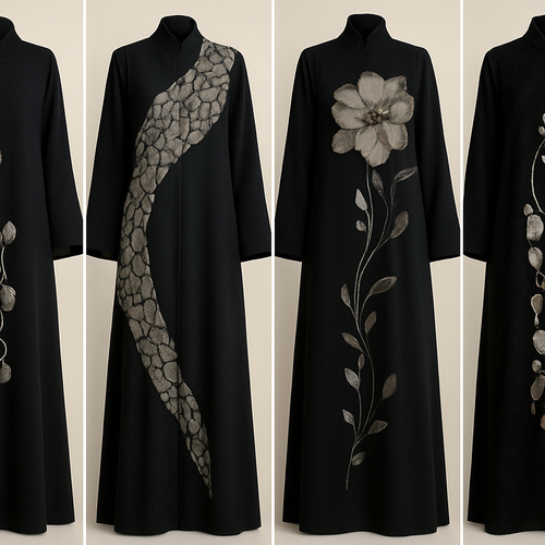 Create a modest abaya that's the first of its kind, featuring a unique stone design that exudes a classy and sophisticated vibe. I'd like four designs, each showcasing different styles and fabrics.Incorporate high-end, unique chic stone designs to make them truly special. And add little cute touch of sophisticated stone designs. Add huge flower and unique designs.