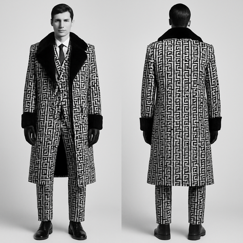 Men’s high fashion, sportswear, three-piece suit and overcoat, black and white Fendi Avangard with black mink fur