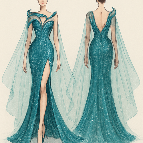 Help me design a pageant gown that is form fitted with a slit and a unique neckline, make it teal and extremely sparkly and ornate, give it abstract shape with a sheer cape. 
