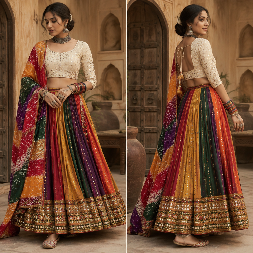 A Dress design, suitable for Fall. Skirt: Your morni-colour cotton Rajasthani skirt
Blouse: Ivory/off-white, preferably with a little mirror work, embroidery, or textured fabric
Dupatta: I'd choose multicolour bandhani rather than plain white.
Then:
🪙 Oxidised silver choker
🪙 Large oxidised jhumkas
🌈 Colourful glass bangles mixed with silver bangles
✋ Small hathphool
💍 A few chunky silver rings
🦶 Silver anklets
👠 Juttis/mojaris — preferably embroidered or colourful. India fashion aesthetics. Present it as professional fashion catalogue photography: the garment is the subject, shown full-length with editorial styling, neutral posing and tasteful, non-suggestive framing.
photorealistic fashion design, A Dress design, suitable for Fall. Skirt: Your morni-colour cotton Rajasthani skirt
Blouse: Ivory/off-white, preferably with a little mirror work, embroidery, or textured fabric
Dupatta: I'd choose multicolour bandhani rather than plain white.
Then:
🪙 Oxidised silver choker
🪙 Large oxidised jhumkas
🌈 Colourful glass bangles mixed with silver bangles
✋ Small hathphool
💍 A few chunky silver rings
🦶 Silver anklets
👠 Juttis/mojaris — preferably embroidered or colourful. India fashion aesthetics. Present it as professional fashion catalogue photography: the garment is the subject, shown full-length with editorial styling, neutral posing and tasteful, non-suggestive framing., just the design no text