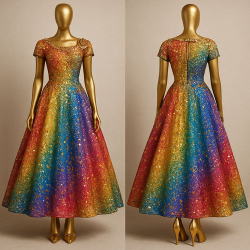 Address may have golden silk and beautiful roses. The dress is covered and pieces of gold and rare diamonds of all colors. It is rainbow and blue and pink and red and orange and yellow and green and blue and purple, all into one and combined with a gold touch and finish. This dress looks like a piece. A rainbow it’s like you poured a bunch of rainbow colors on a dress with silk and gold finishes on a mannequin with shoes made out of solid gold and a little bit of a color bow to match