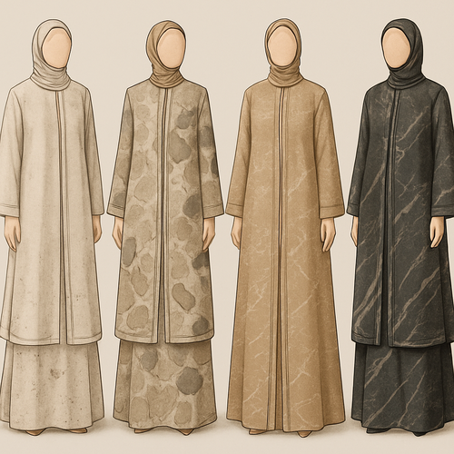 Create a modest two-piece linen abaya, the first of its kind, featuring a unique stone design that exudes a classy and sophisticated vibe. I'd like four designs, each showcasing different styles and fabrics. Incorporate high-end, unique chic stone designs to make them truly special. Add little sophisticated stone designs.
