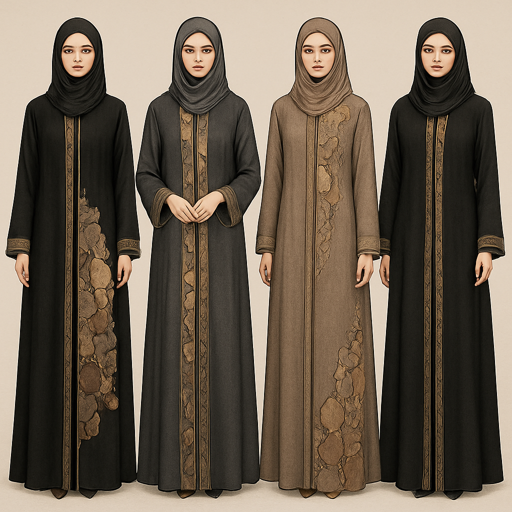 Create a modest abaya that's the first of its kind, featuring a unique stone design that exudes a classy and sophisticated vibe. I'd like four designs, each showcasing different styles and fabrics.
Incorporate high-end, unique chic stone designs to make them truly special. Add a little sophisticated stone work to it.

Create a modest abaya that's the first of its kind, featuring a unique stone design that exudes a classy and sophisticated vibe. I'd like four designs, each showcasing different styles and fabrics.
Incorporate high-end, unique chic stone designs to make them truly special. Add a little sophisticated stone work to it.