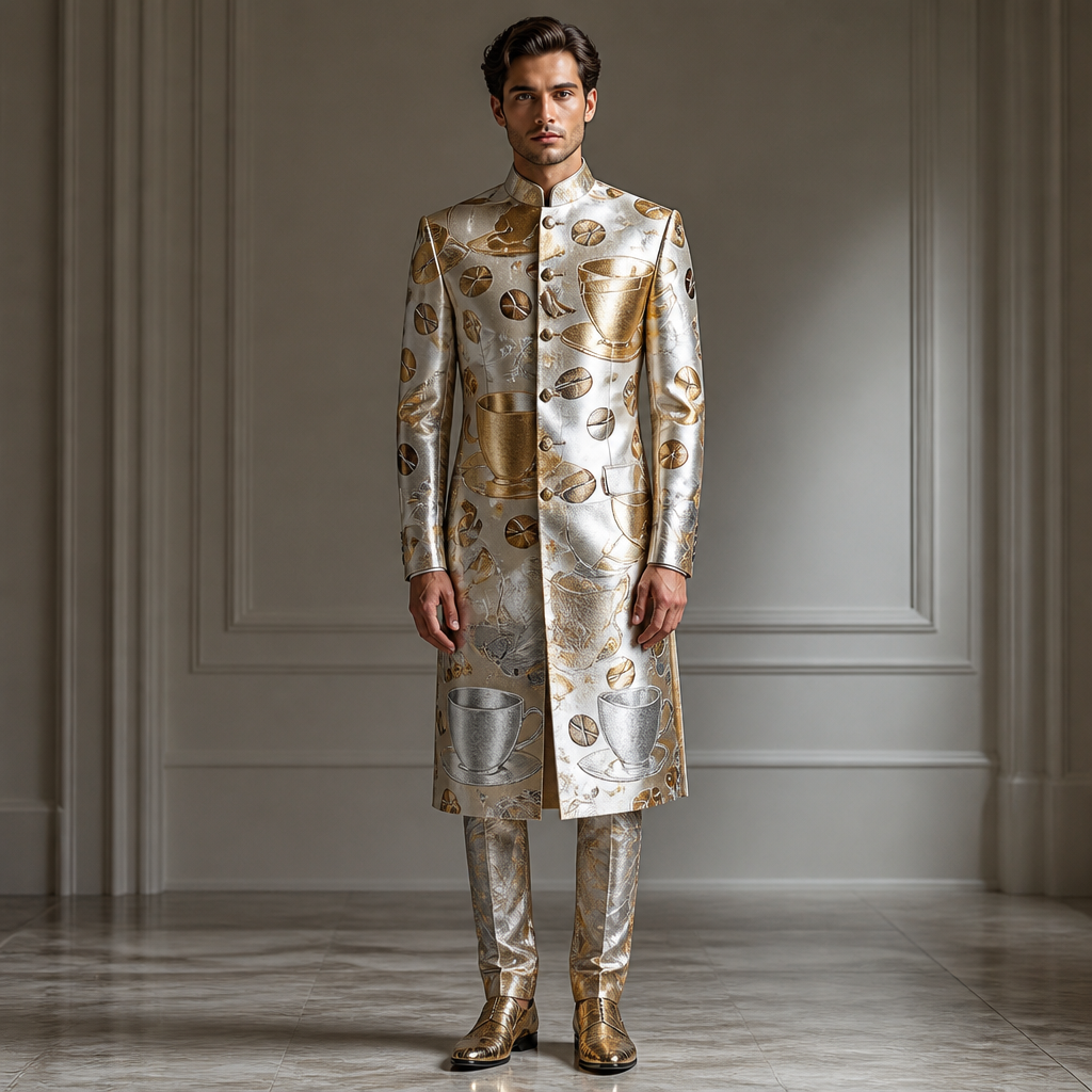 A Male Dress design, in Glamorous style. kaffeetasse gold und silbekaffeebonen. Germany fashion aesthetics. Present it as professional fashion catalogue photography: the garment is the subject, shown full-length with editorial styling, neutral posing and tasteful, non-suggestive framing.
photorealistic fashion design, A Male Dress design, in Glamorous style. kaffeetasse gold und silbekaffeebonen. Germany fashion aesthetics. Present it as professional fashion catalogue photography: the garment is the subject, shown full-length with editorial styling, neutral posing and tasteful, non-suggestive framing., glamorous style, just the design no text