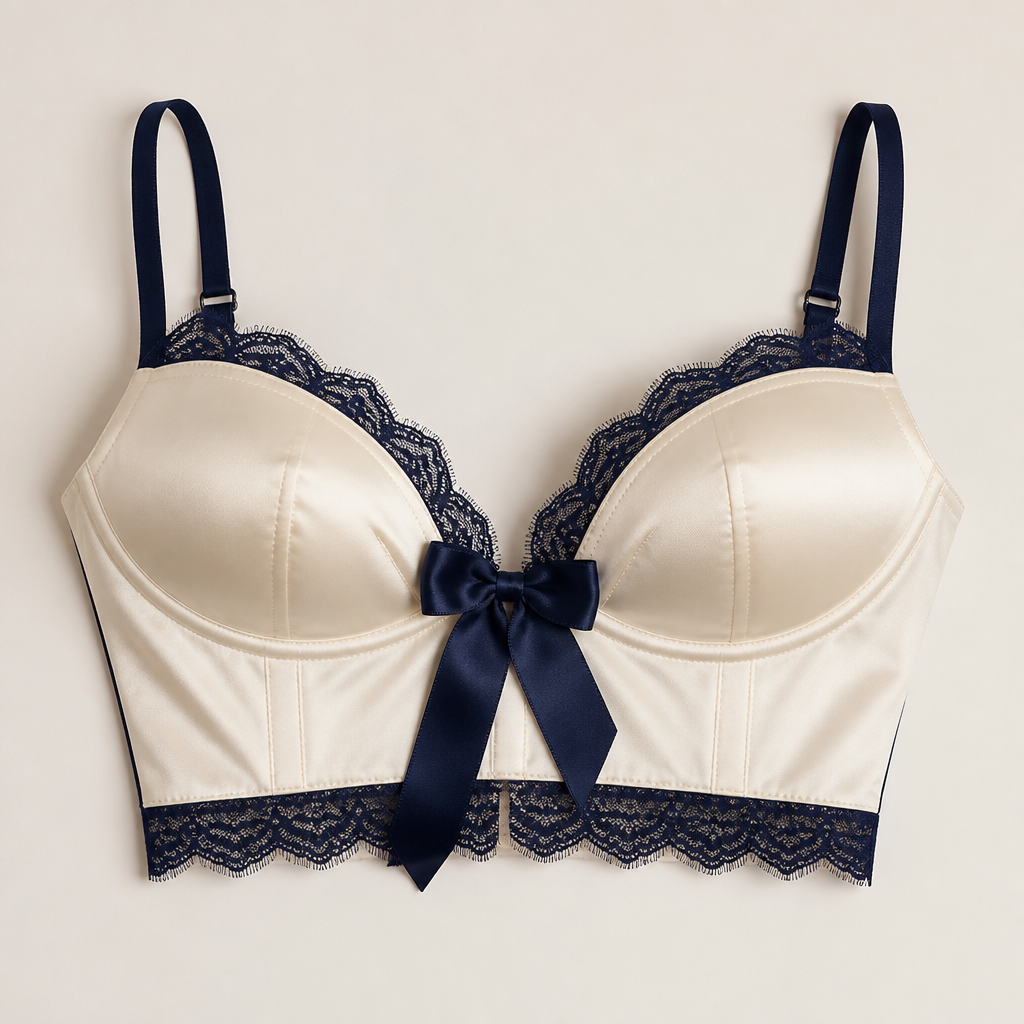 A Female Top design, in Classic style. Design a classic, elegant top bra inspired by vintage silhouettes. Emphasize sophisticated minimalism with delicate lace trim and subtle bow accents. Utilize luxurious fabrics like silk or satin, featuring a timeless color palette of ivory and deep navy. Aim for a refined silhouette that beautifully enhances the wearer's natural form.. India fashion aesthetics.
photorealistic fashion design, A Female Top design, in Classic style. Design a classic, elegant top bra inspired by vintage silhouettes. Emphasize sophisticated minimalism with delicate lace trim and subtle bow accents. Utilize luxurious fabrics like silk or satin, featuring a timeless color palette of ivory and deep navy. Aim for a refined silhouette that beautifully enhances the wearer's natural form.. India fashion aesthetics., classic style, just the design no text