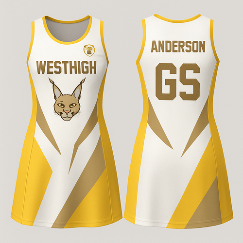 please create a netball dress with the following colours: white, beige and yellow. there must be a caracal somewhere and the school logo. it must have the school name and player’s name 