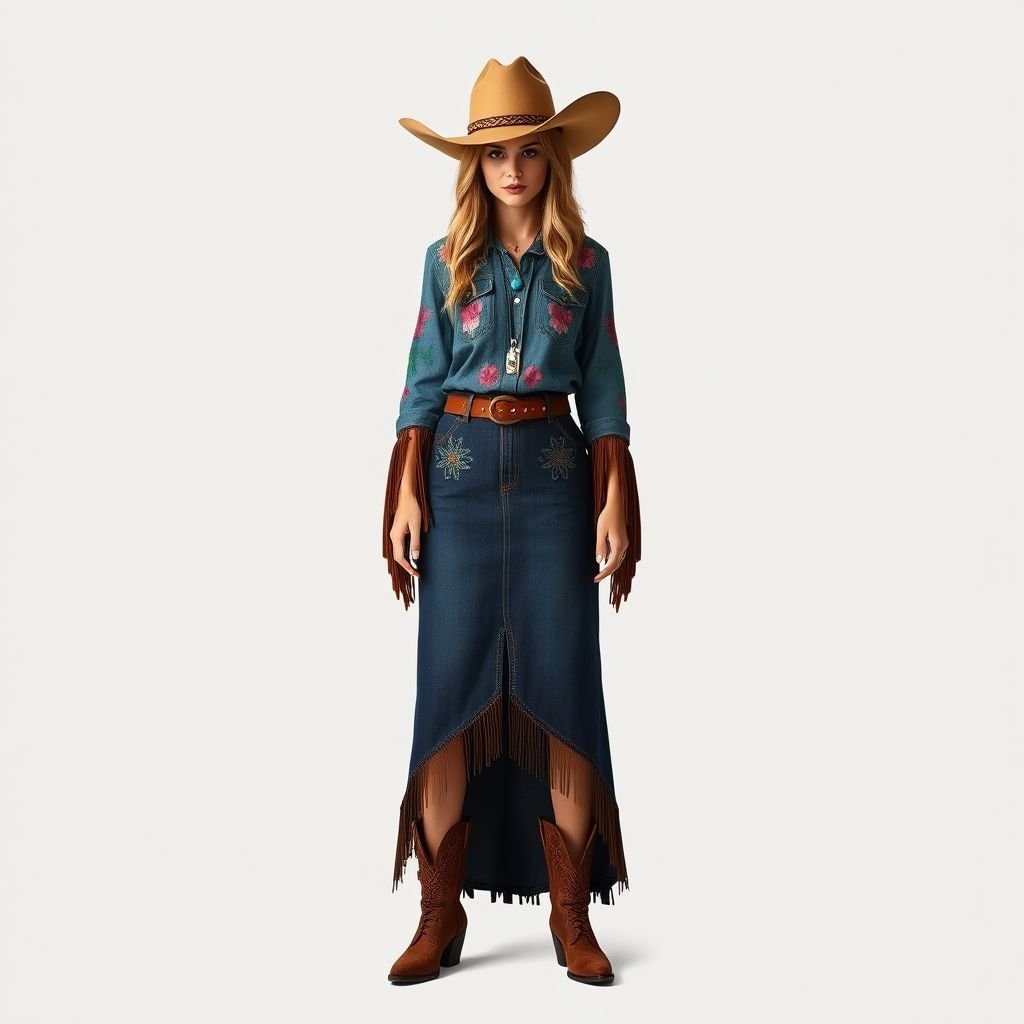A short dress with beautiful elemen
Design a short dress that embodies the spirit of the Wild West. Incorporate intricate floral embroidery and fringed sleeves, using rich denim and soft suede fabrics. Add a wide-brimmed hat and cowgirl-inspired ankle boots, accentuating the outfit with turquoise jewelry and a leather belt, creating a vibrant, free-spirited western look.
