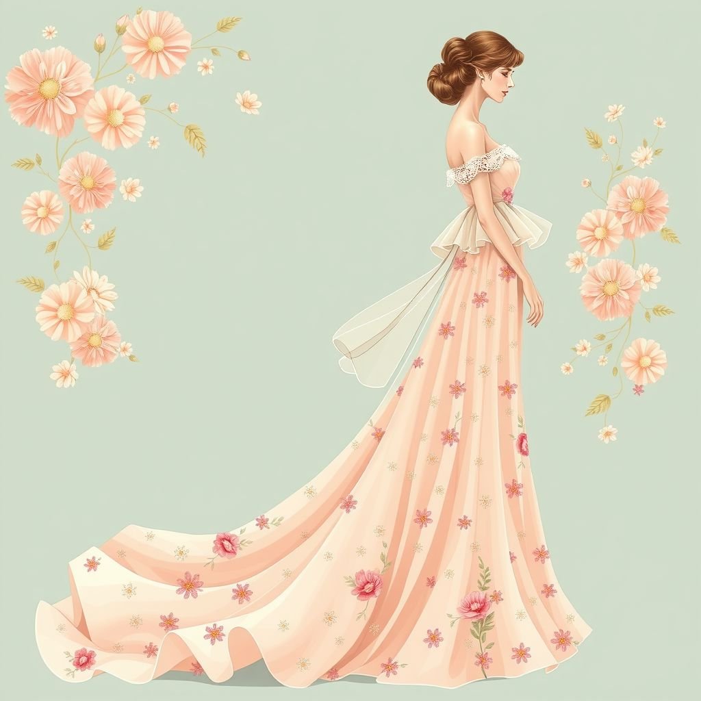 Create an off shoulder gown with round collar
Design a breathtaking vintage-inspired off-shoulder gown featuring a delightful round collar embellished with delicate lace. Incorporate flowing chiffon layers that cascade gracefully to the floor, evoking the elegance of the 1950s. Choose a soft pastel color palette, adorned with charming floral motifs, to capture the romantic essence of timeless fashion.