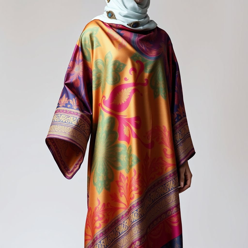 An abaya crafted from a vibrant, vintage sari. The fabric is a mix of silk and intricate patterns. The design incorporates the sari's original borders and embellishments as accents. The overall look is a fusion of traditional and modern styles
Imagine an abaya that elegantly drapes over the body, blending the opulence of vintage silk sari with contemporary flair. Vibrant hues swirl together in intricate patterns, while the sari's original borders grace the sleeves and hemline, adorned with delicate beadwork. This piece embodies a harmonious fusion of cultural heritage and modern sophistication.