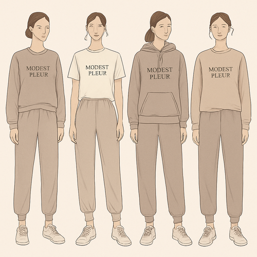 Create a unique, sophisticated, and chic loose gym wear for the brand called “Modest Fleur” on it I need four options. 